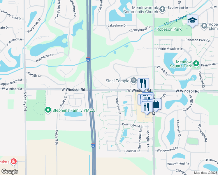 map of restaurants, bars, coffee shops, grocery stores, and more near 2302 Briar Hill Drive in Champaign