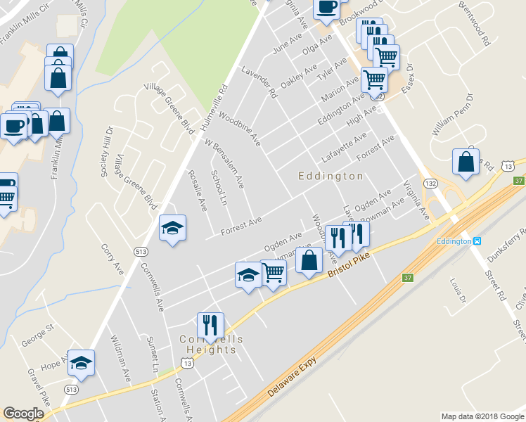 map of restaurants, bars, coffee shops, grocery stores, and more near 2528 Forrest Avenue in Bensalem