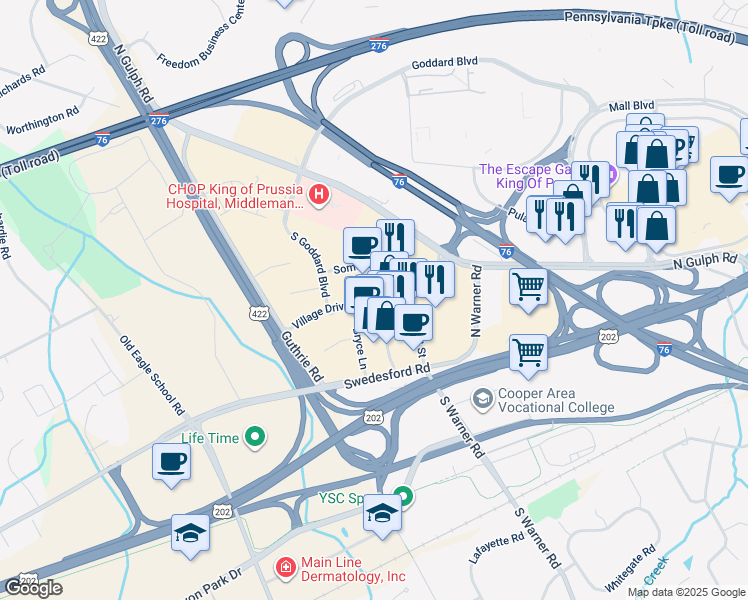map of restaurants, bars, coffee shops, grocery stores, and more near Village Drive in King of Prussia