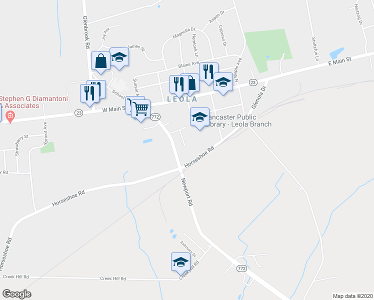 map of restaurants, bars, coffee shops, grocery stores, and more near 65 Chickadee Circle in Leacock-Leola-Bareville