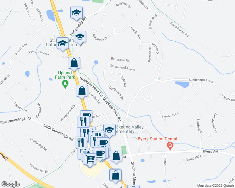 map of restaurants, bars, coffee shops, grocery stores, and more near 321 Dartmouth Road in Chester Springs