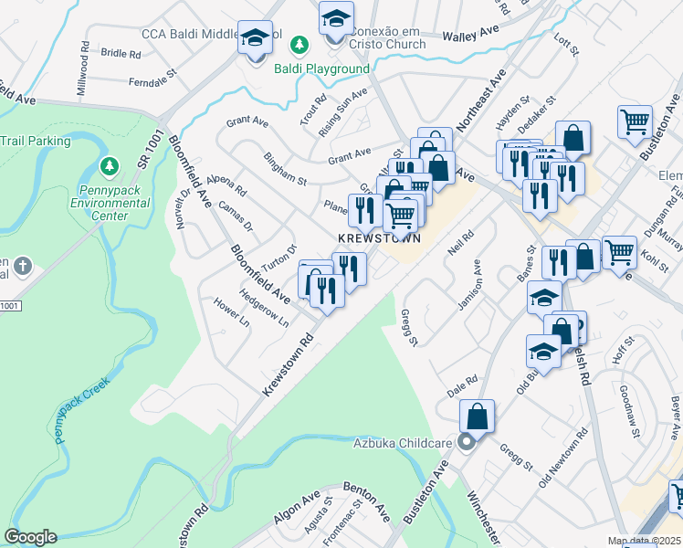 map of restaurants, bars, coffee shops, grocery stores, and more near 8960 Krewstown Road in Philadelphia