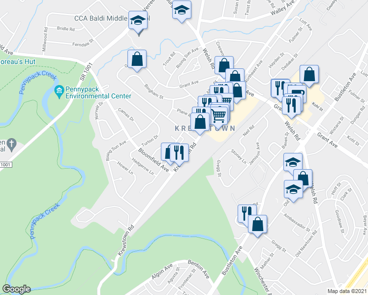 map of restaurants, bars, coffee shops, grocery stores, and more near 8950 Krewstown Road in Philadelphia
