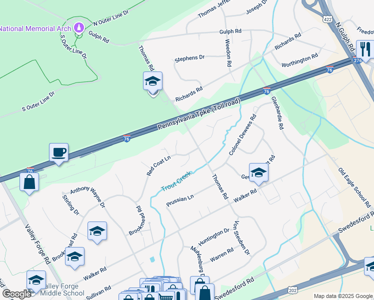 map of restaurants, bars, coffee shops, grocery stores, and more near 481 Red Coat Lane in Wayne