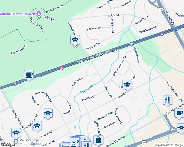 map of restaurants, bars, coffee shops, grocery stores, and more near 481 Red Coat Lane in Wayne