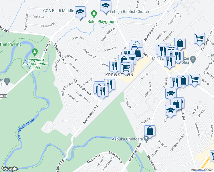 map of restaurants, bars, coffee shops, grocery stores, and more near 8950 Krewstown Road in Philadelphia