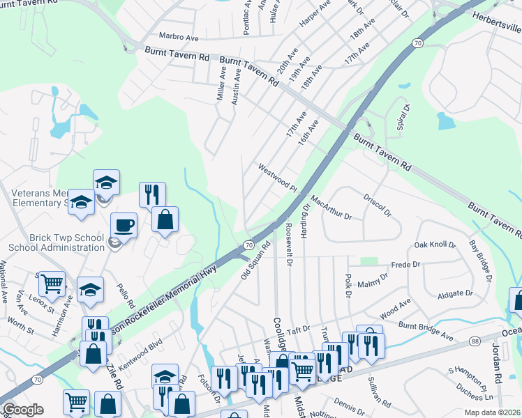 map of restaurants, bars, coffee shops, grocery stores, and more near 486 16th Avenue in Brick Township