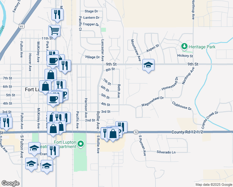 map of restaurants, bars, coffee shops, grocery stores, and more near 1422 6th Street in Fort Lupton