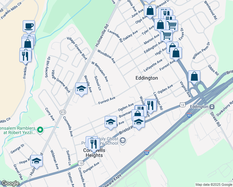map of restaurants, bars, coffee shops, grocery stores, and more near 2528 Forrest Avenue in Bensalem
