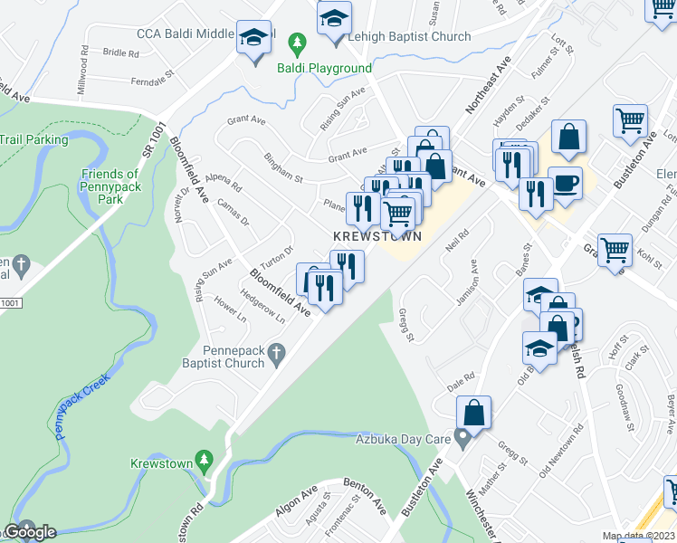 map of restaurants, bars, coffee shops, grocery stores, and more near 8950 Krewstown Road in Philadelphia
