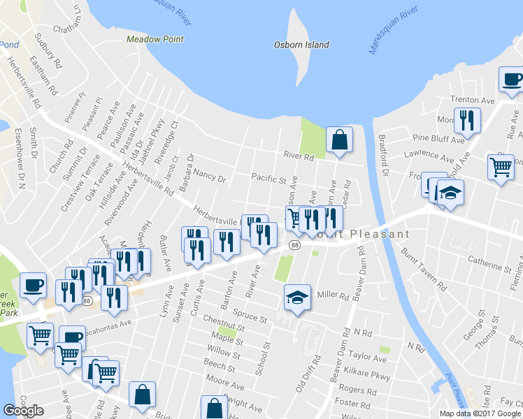 map of restaurants, bars, coffee shops, grocery stores, and more near 2502 Allen Street in Point Pleasant