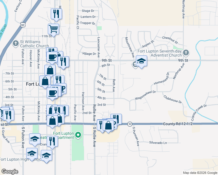 map of restaurants, bars, coffee shops, grocery stores, and more near 1422 6th Street in Fort Lupton