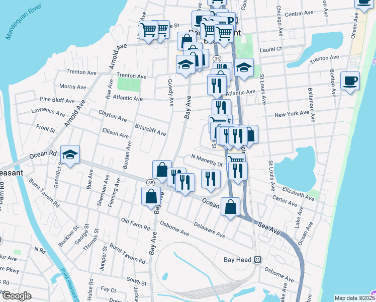 map of restaurants, bars, coffee shops, grocery stores, and more near 940 Bay Avenue in Point Pleasant Beach