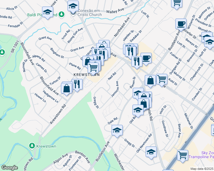 map of restaurants, bars, coffee shops, grocery stores, and more near 9321 Neil Road in Philadelphia