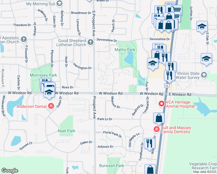 map of restaurants, bars, coffee shops, grocery stores, and more near 2307 Melrose Drive in Champaign