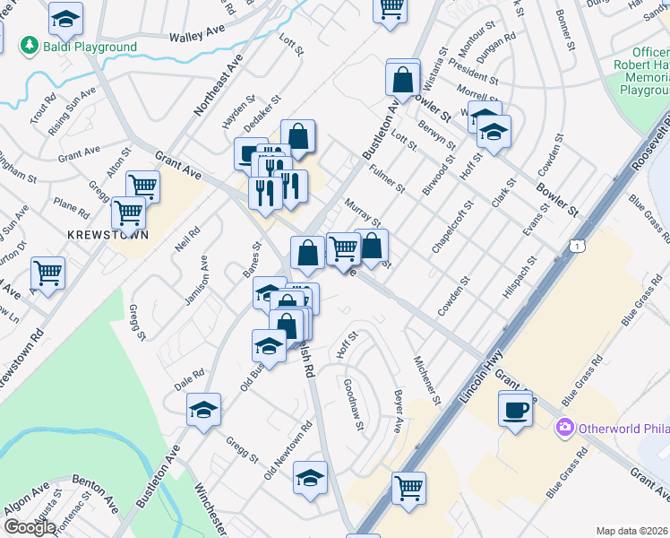 map of restaurants, bars, coffee shops, grocery stores, and more near 1840R Grant Avenue in Philadelphia