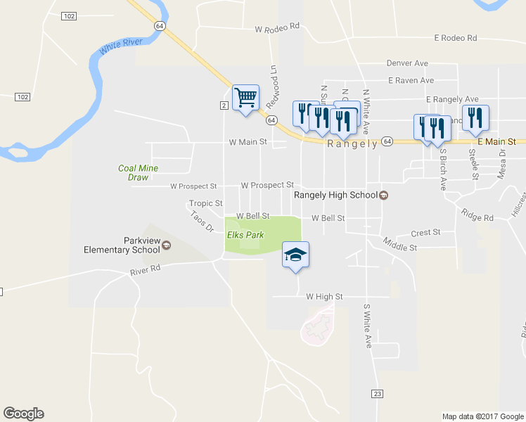 map of restaurants, bars, coffee shops, grocery stores, and more near 226 Morrison Avenue in Rangely
