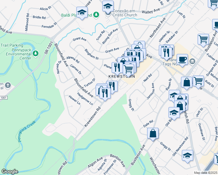 map of restaurants, bars, coffee shops, grocery stores, and more near 8960 Krewstown Road in Philadelphia
