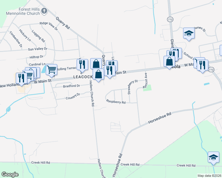 map of restaurants, bars, coffee shops, grocery stores, and more near 247 Raspberry Road in Leola