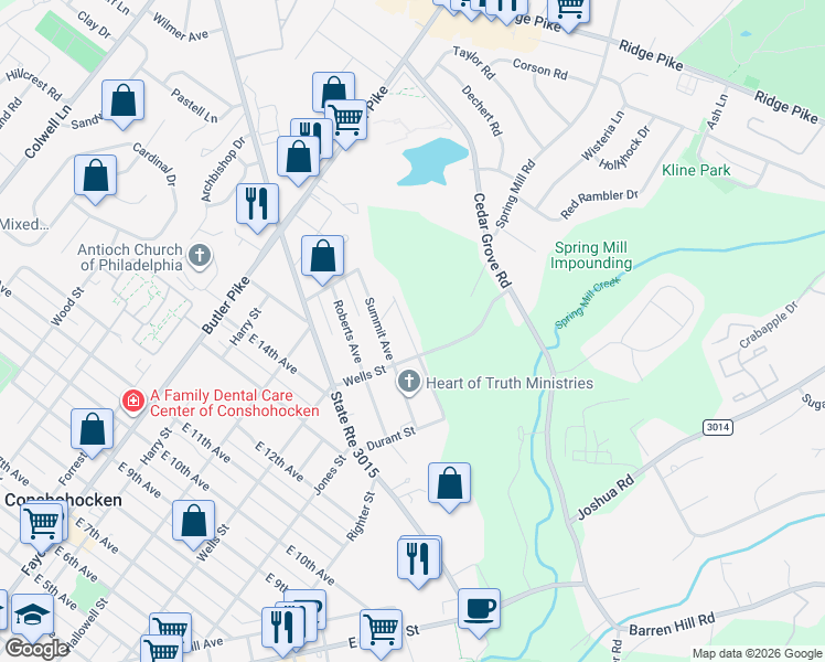 map of restaurants, bars, coffee shops, grocery stores, and more near 249 Hillcrest Avenue in Conshohocken