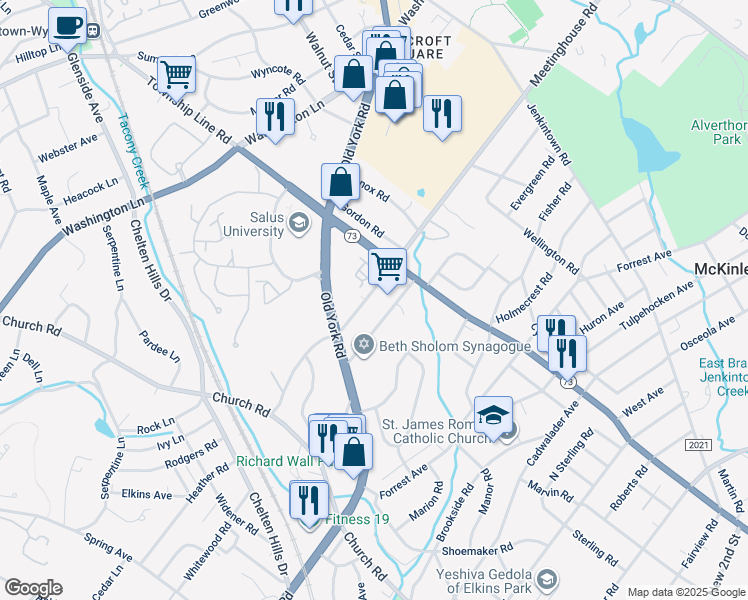 map of restaurants, bars, coffee shops, grocery stores, and more near 632 Meetinghouse Road in Elkins Park