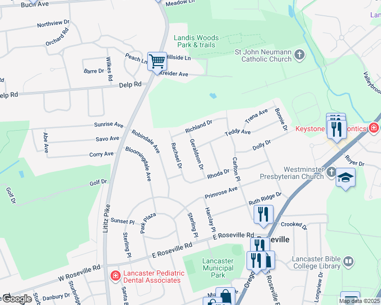 map of restaurants, bars, coffee shops, grocery stores, and more near 1940 Geraldson Dr in Lancaster