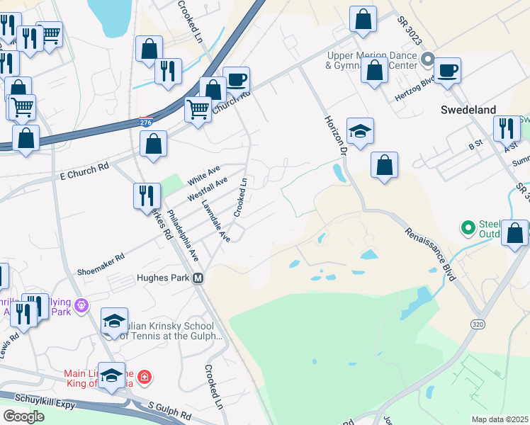 map of restaurants, bars, coffee shops, grocery stores, and more near 280 Lawndale Avenue in King of Prussia