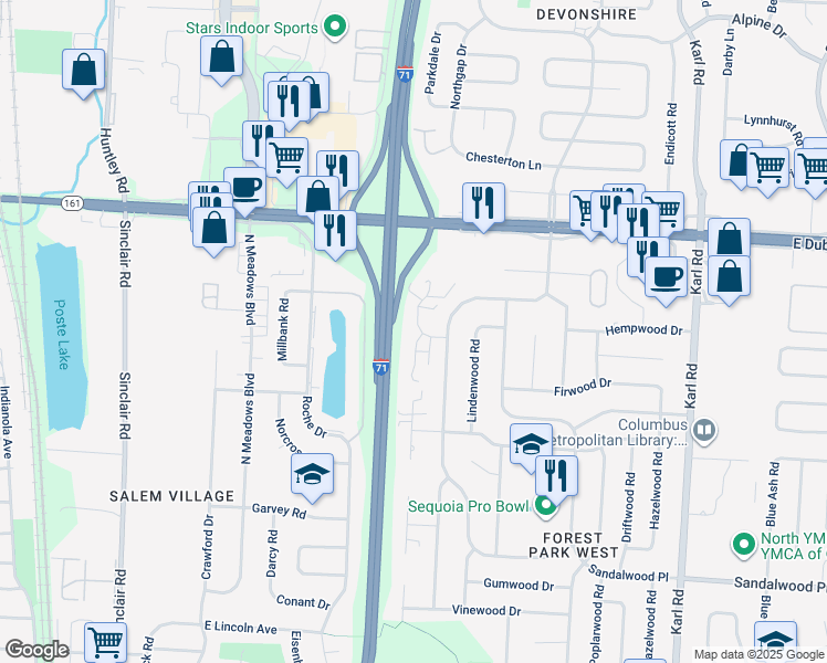 map of restaurants, bars, coffee shops, grocery stores, and more near 5787 Arborwood Court in Columbus