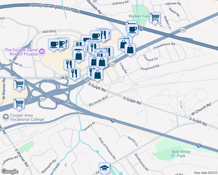map of restaurants, bars, coffee shops, grocery stores, and more near 101 Bill Smith Boulevard in King of Prussia