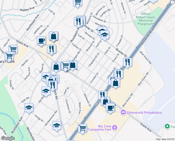 map of restaurants, bars, coffee shops, grocery stores, and more near 2026 Murray Street in Philadelphia