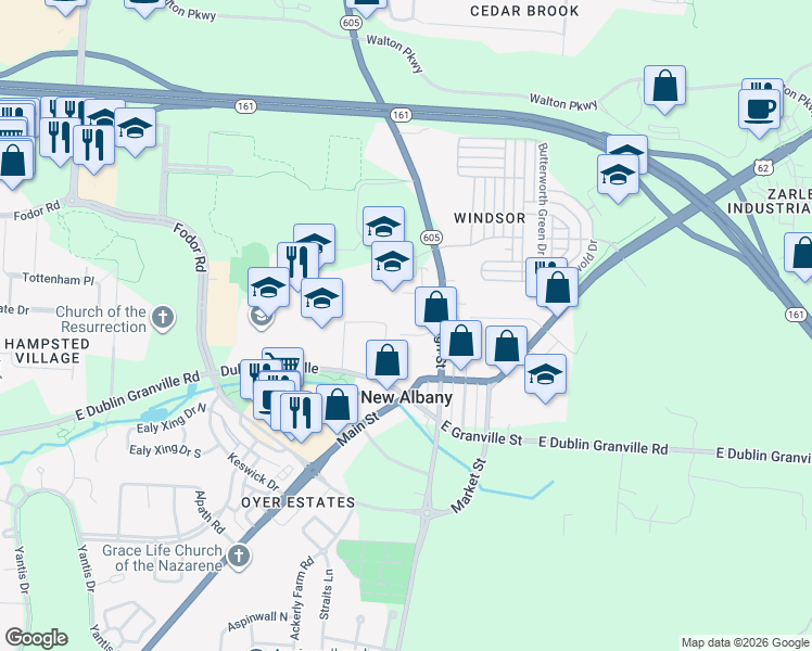 map of restaurants, bars, coffee shops, grocery stores, and more near 55 North High Street in New Albany