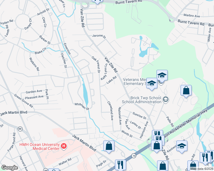map of restaurants, bars, coffee shops, grocery stores, and more near 257 Lake Road in Brick Township