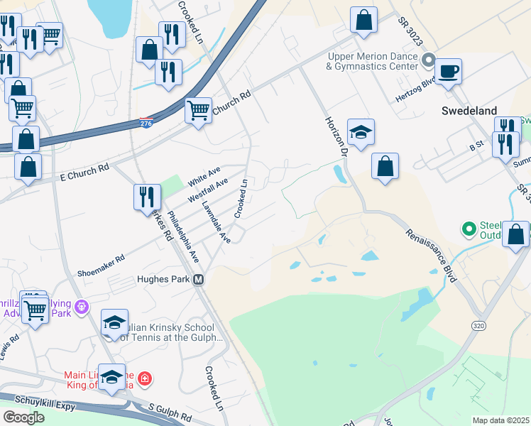 map of restaurants, bars, coffee shops, grocery stores, and more near 280 Lawndale Avenue in King of Prussia