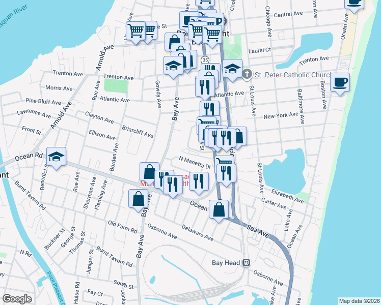 map of restaurants, bars, coffee shops, grocery stores, and more near 1123 Marcia Avenue in Point Pleasant Beach