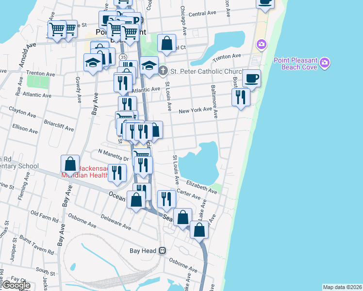 map of restaurants, bars, coffee shops, grocery stores, and more near 313 Newark Avenue in Point Pleasant Beach