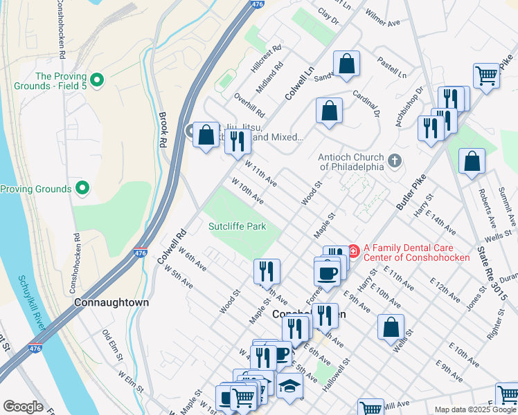 map of restaurants, bars, coffee shops, grocery stores, and more near 341 W 10th Ave in Conshohocken