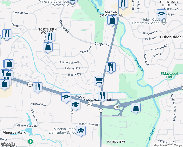 map of restaurants, bars, coffee shops, grocery stores, and more near 3279 Kristin Court in Columbus