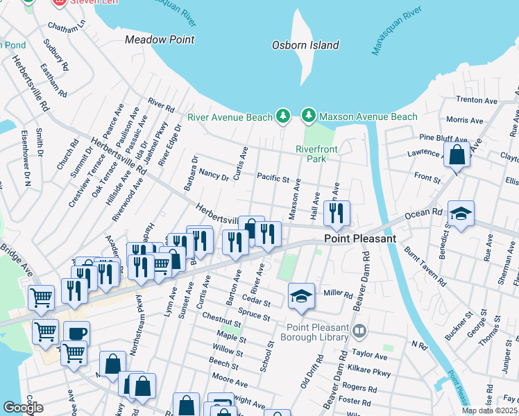 map of restaurants, bars, coffee shops, grocery stores, and more near 2506 Allen Street in Point Pleasant