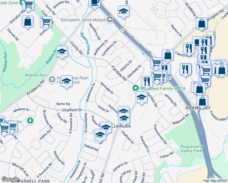 map of restaurants, bars, coffee shops, grocery stores, and more near 3851 Ronnald Drive in Philadelphia