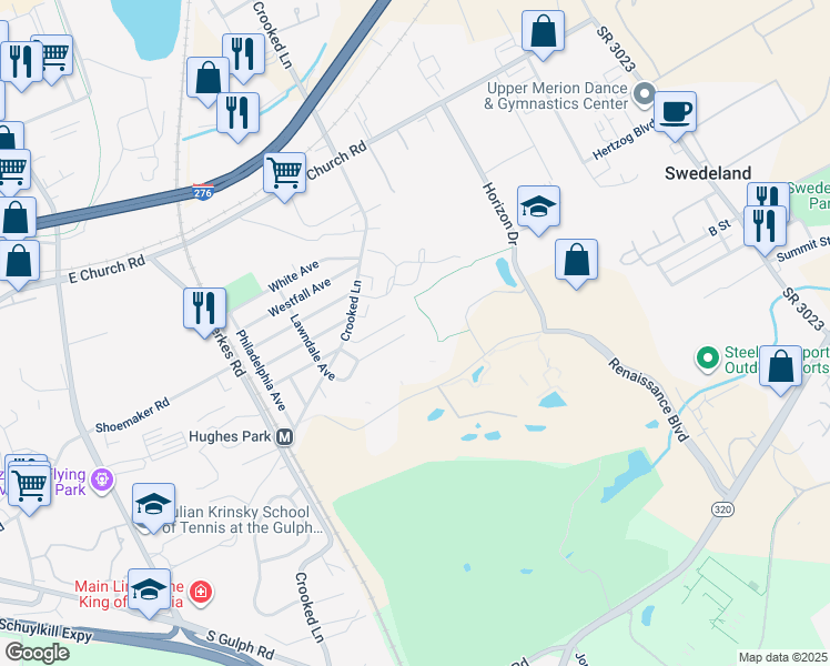 map of restaurants, bars, coffee shops, grocery stores, and more near 294 Lawndale Avenue in King of Prussia