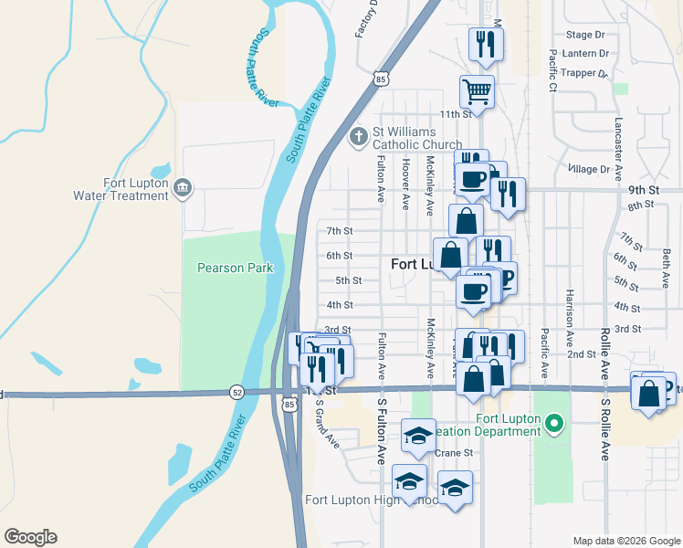 map of restaurants, bars, coffee shops, grocery stores, and more near 157 5th St in Fort Lupton