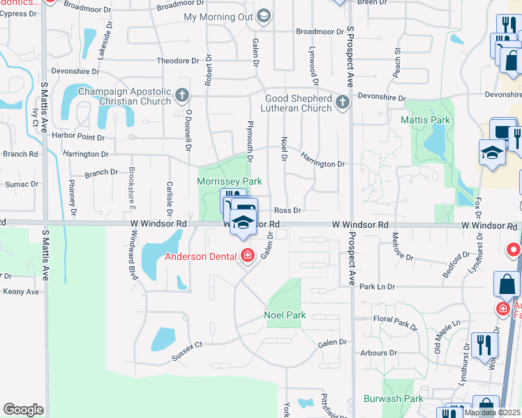map of restaurants, bars, coffee shops, grocery stores, and more near 6 Ross Drive in Champaign
