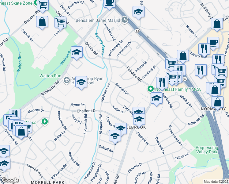 map of restaurants, bars, coffee shops, grocery stores, and more near 11127 Templeton Drive in Philadelphia