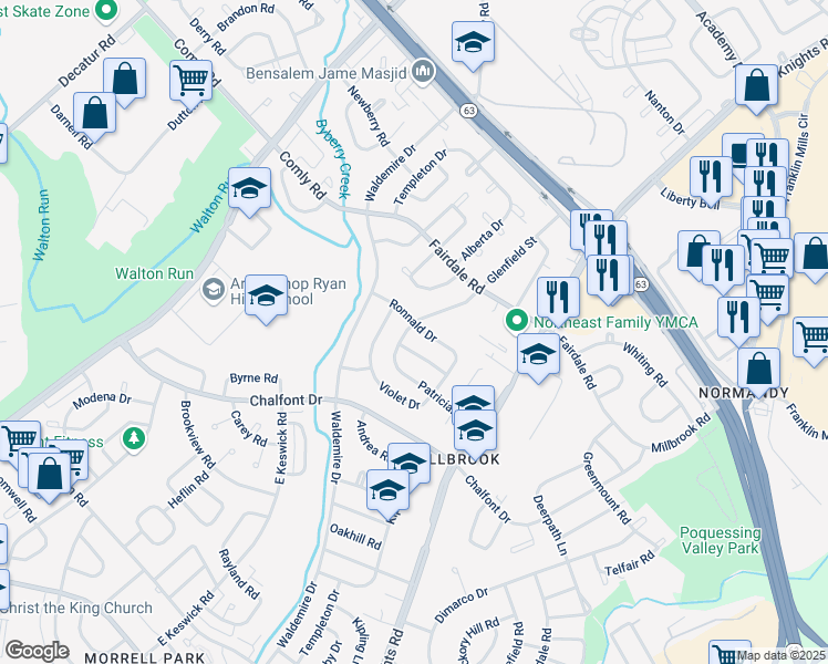 map of restaurants, bars, coffee shops, grocery stores, and more near 3800 Ronnald Drive in Philadelphia