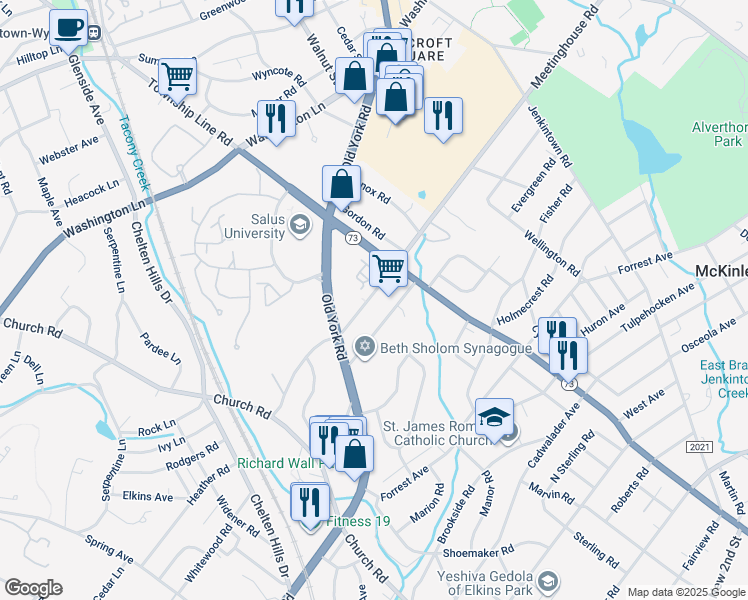 map of restaurants, bars, coffee shops, grocery stores, and more near 632 Meetinghouse Road in Elkins Park