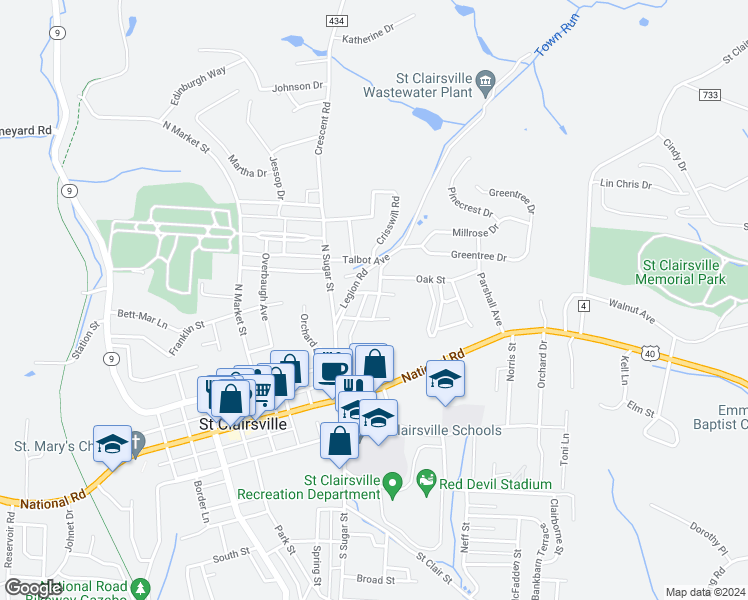 map of restaurants, bars, coffee shops, grocery stores, and more near 104 Richland Avenue in Saint Clairsville