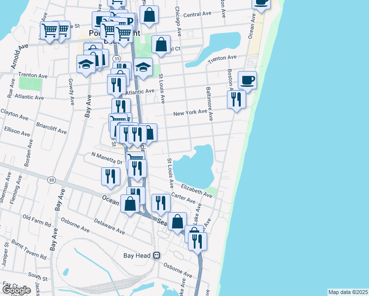 map of restaurants, bars, coffee shops, grocery stores, and more near 301 Newark Avenue in Point Pleasant Beach