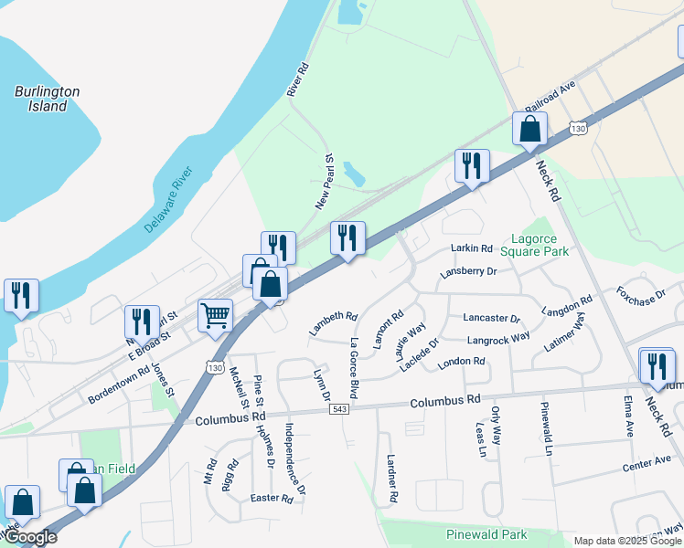 map of restaurants, bars, coffee shops, grocery stores, and more near 1210 U.S. 130 in Burlington