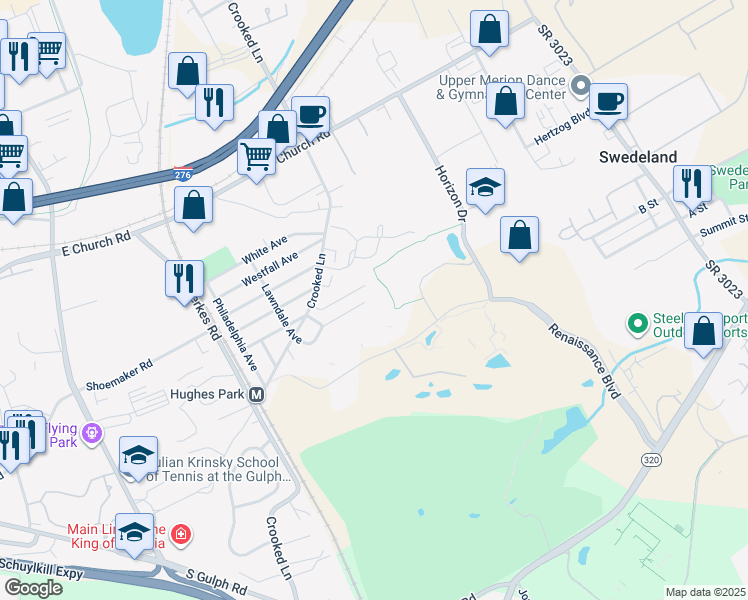 map of restaurants, bars, coffee shops, grocery stores, and more near 294 Lawndale Avenue in King of Prussia