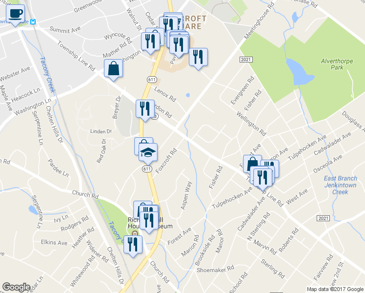 map of restaurants, bars, coffee shops, grocery stores, and more near 614 Foxcroft Road in Elkins Park